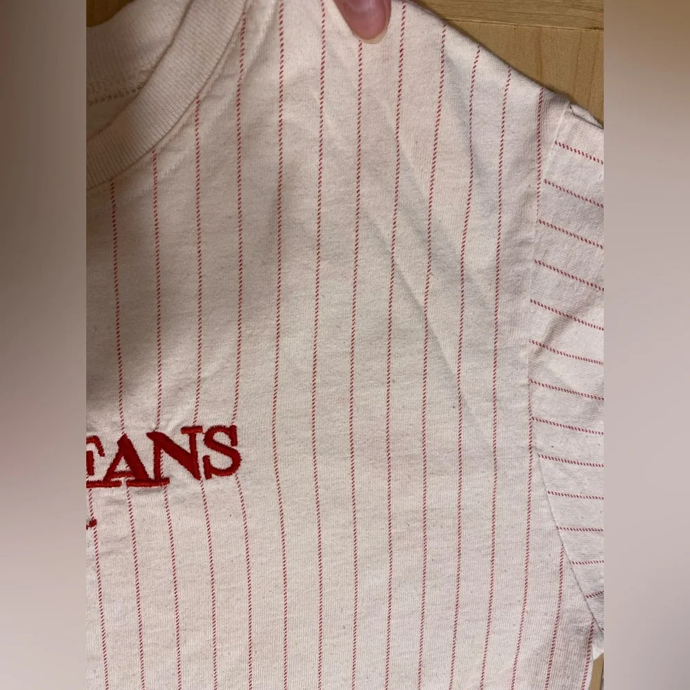 90s Guess Jeans USA MADE Red Pinstripe Long Sleeve Tee Vintage Boy’s Large